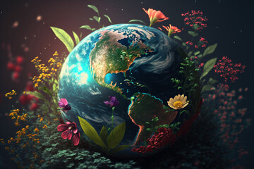 Obraz na płótnie Canvas beautiful planet earth made of flowers and sprouting plants, save the planet, planet day, the world inside the globe, renew, generative ai