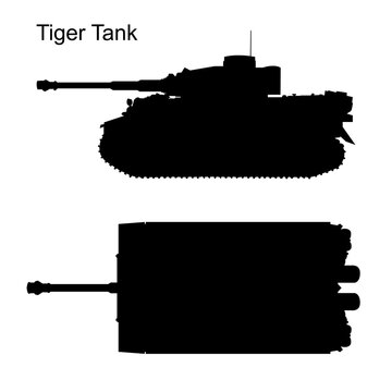 Silhouette illustration of tiger military tank. Side and top view of a tank. Black and white plan view of a military tank. vector logo