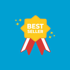 Vector illustration of best seller medal ribbon icon, yellow, white, and red colors. Suitable for sign, symbol, logo with business concept.