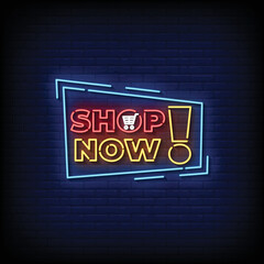 neon sign shop now with brick wall background vector illustration