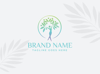 Abstract life logo design with green leaves and human silhouette. Healthy lifestyle theme. Flat vector emblem for medical care or wellness center