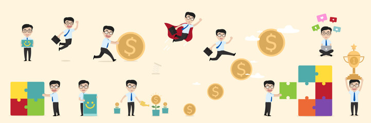 Business vector illustrations. Collection of businessman or employee taking part in business activities. Vector illustration