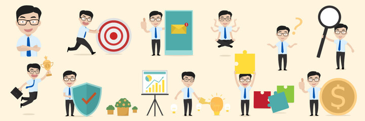 Business vector illustrations. Collection of businessman or employee taking part in business activities. Vector illustration