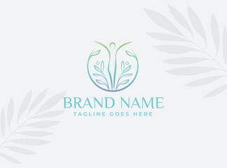 Abstract life logo design with green leaves and human silhouette. Healthy lifestyle theme. Flat vector emblem for medical care or wellness center