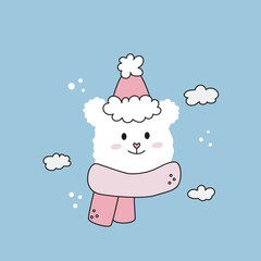 Cute polar bear in hat and scarf soft vector illustration on blue background. Winter kawaii postcard. New Year's Christmas kid's illustration.