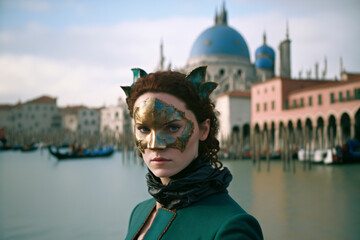 Obraz na płótnie Canvas Beautiful young woman prepares for carnival, mysterious look, Venetian mask. Created with Generative AI technology.
