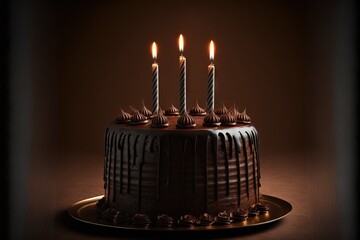 a chocolate cake with chocolate icing and two candles on top of it with a white background and a shadow of the cake on the left side of the cake.