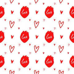 Red hearts and love lettering on white background. Seamless vector pattern with doodles and line art. Wallpaper for celebration design, banners, illustrations, templates and other graphic 