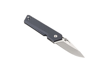Pocket folding knife. Compact metal sharp knife with a folding blade. Gray handle and metal clip. Isolate on a white back.