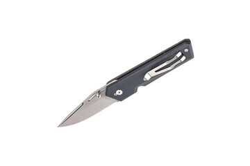 Pocket folding knife. Compact metal sharp knife with a folding blade. Gray handle and metal clip. Isolate on a white back.