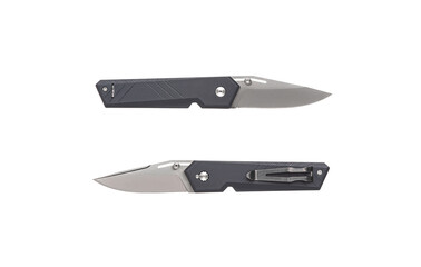 Pocket folding knife. Compact metal sharp knife with a folding blade. Gray handle and metal clip. Isolate on a white back.