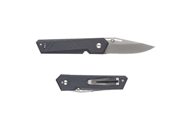 Pocket folding knife. Compact metal sharp knife with a folding blade. Gray handle and metal clip. Isolate on a white back.