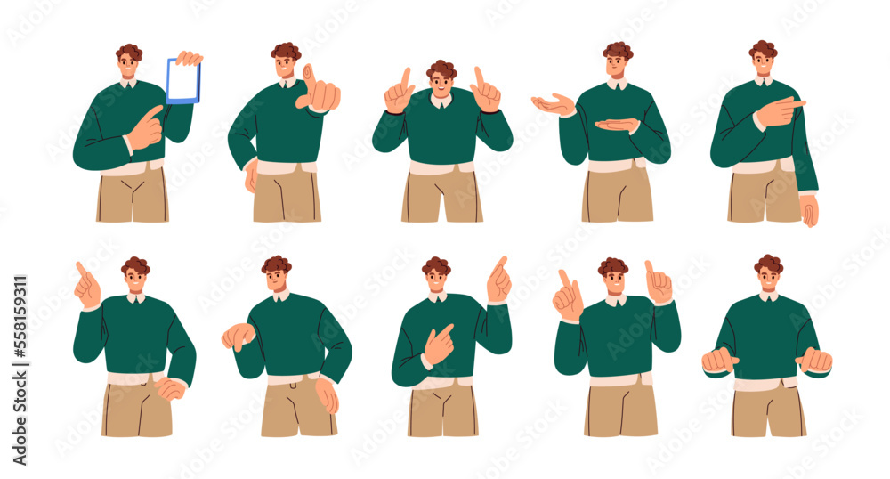 Poster Business person pointing with index finger to sides. Businessman showing up, down with hand gestures. Happy man presenting with forefinger. Flat vector illustration isolated on white background