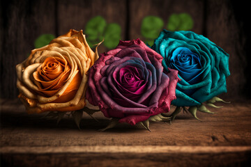 Vintage classic multi color bouquet of roses on a dark wooden background. Generative AI