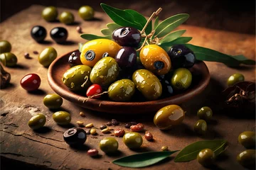 Foto op Plexiglas Green and black olives in a ceramic plate on wooden table © Anna