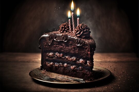 a chocolate cake with three candles on top of it and melted chocolate on the bottom of the cake.