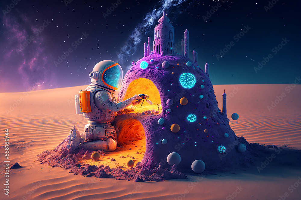 Canvas Prints astronaut building a sand castle on a beach. generative ai