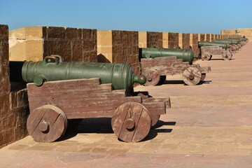 Fototapeta na wymiar Essaouira,Morocco,Africa, Medina city wall ramparts lined with Spanish cannon.