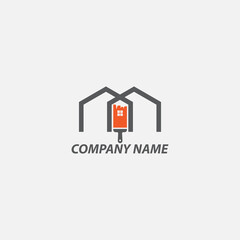 House repair logo. Home renovation project emblem. Hammer and brush home. Maintenance service sign.