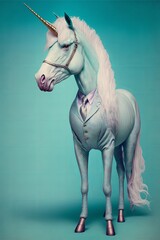 Fototapeta na wymiar A fairy tale unicorn with colored hair in a business suit. Generative AI