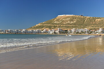 Agadir, Morocco, Africa. Beautiful beach with Oufella fort on the mount.