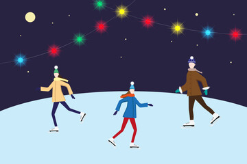 Fototapeta premium People in winter clothes skating on a skating rink against the background of the night starry sky and multicolored lights garlands. Winter background, vector illustration