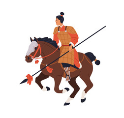 Chinese warrior riding horseback. Asian armored horse rider with spear, lance. Eastern mounted soldier of Ancient China. Historical flat graphic vector illustration isolated on white background