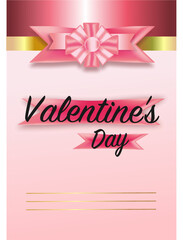 Valentine's Day card with pink bow, ribbon. The inscription is festive gold.Pink background.Place to insert