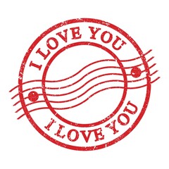 I LOVE YOU, text written on red postal stamp.