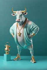 Cow dressed in hiphop clothes with gangster vibes, pastel colored. Generative AI