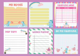 Beautiful note template. Cute dragons and unicorns design for children. Vector template for agenda, to do list, wish list, dear diary. Printable sheet for kids.