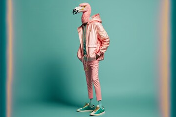 Flamingo dressed in hiphop clothes with gangster vibes, pastel colored. Generative AI