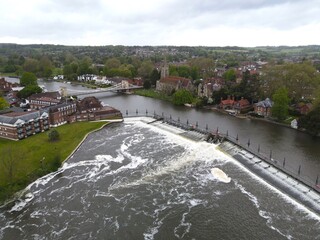 Fototapeta na wymiar Marlow Lock is a lock and weir on River Thames ,UK Buckinghamshire Drone, Aerial, view from air, birds eye view, .