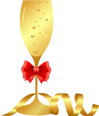 Vector glass of champagne with a red bow and a serpentine.