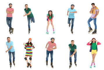 Fototapeta premium Photos of men and woman with roller skates on white background, collage design