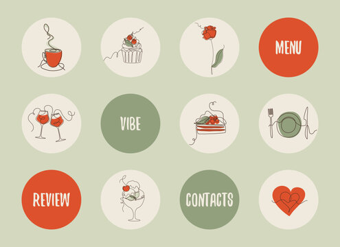 Set of round icons for highlights social media stories. Design templates for cafes, bars and restaurants. Continuous line art style vector illustrations.
