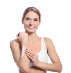 Obraz na płótnie Canvas Woman applying body cream onto her arm against white background