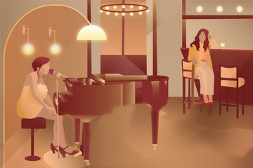Female musician playing piano. Two women in bar/restaurant. Music poster/Flyer. Vector illustration.