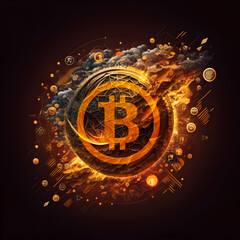 Bitcoin Crashing and Burning. Crypto currency on fire. Orange Coin Sign. E-commerce Stock Market illustration. Generative AI