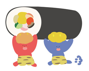 恵方巻を担いで逃げる赤鬼と青鬼節分