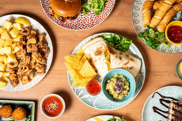 View from above of various dishes of typical foods of the American continent. High quality photo
