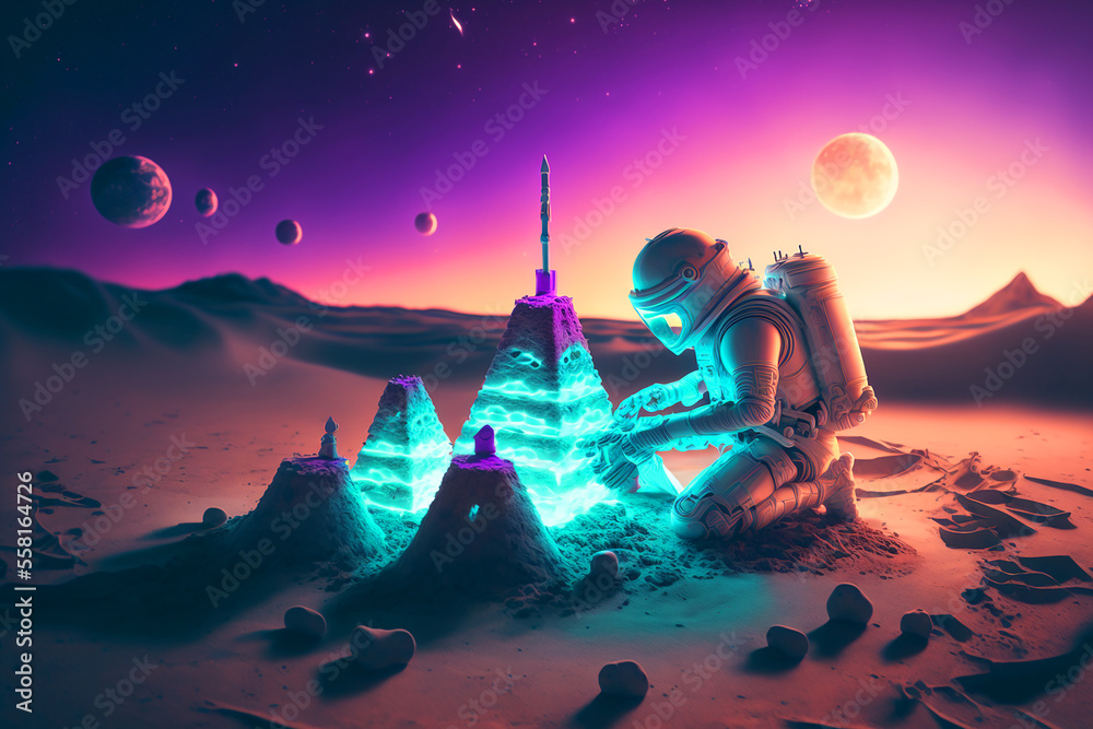 Canvas Prints astronaut building a sand castle on a beach. generative ai