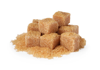 Granulated and cubed brown sugar on white background