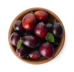 Bowl of delicious ripe plums on white background, top view