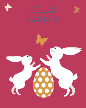 Happy easter postcard. Vector illustration with cute bunnies, egg and fluttering butterflies. Pink background.