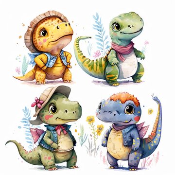 Set of baby cartoon dinosaurs watercolor illustration with cute animals for nursery and baby shower. Illustration for children posters. Generative AI.