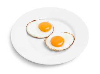 Plate with delicious fried eggs isolated on white