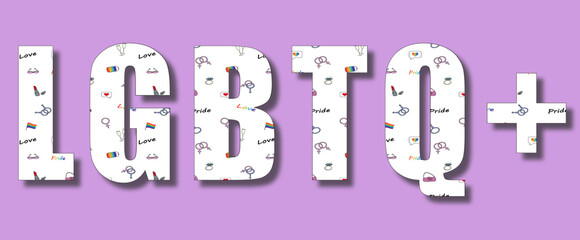 LGBTQ+ signature, pattern letters on purple background