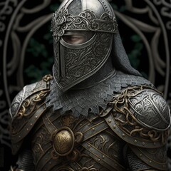 Obraz premium Celtic knight in matte silver armor. Digital illustration. AI