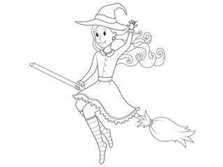 A young witch on a broom. Children coloring book. Vector.